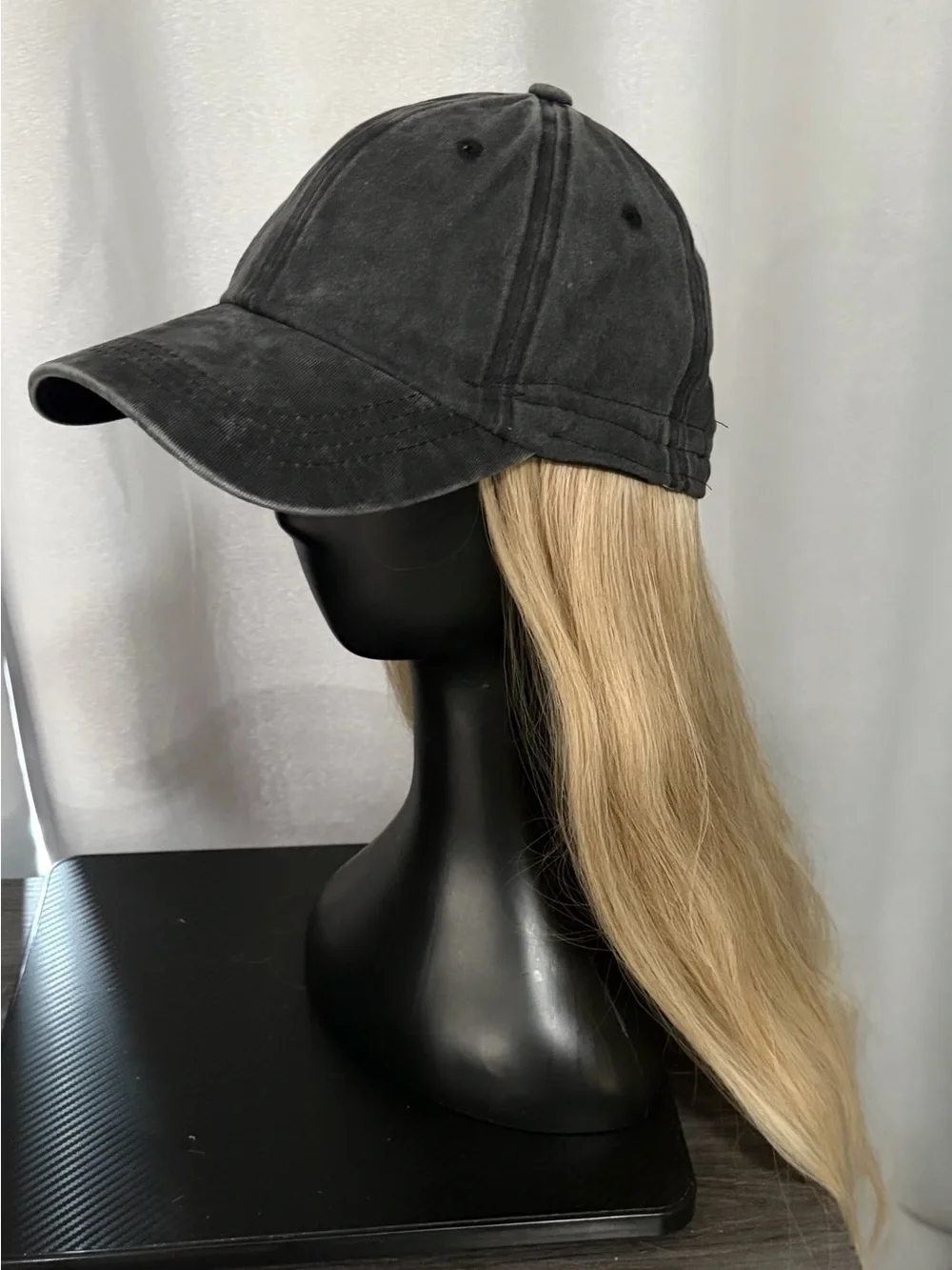 Baseball Hat with Attached Long Straight Blonde Hair Grey Denim Hat Wig